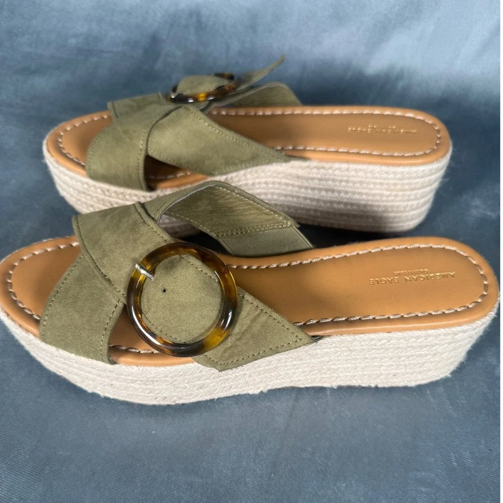 American Eagle Olive Sz 10 Espadrille Platform Sandals Tortoise Buckle‎ New